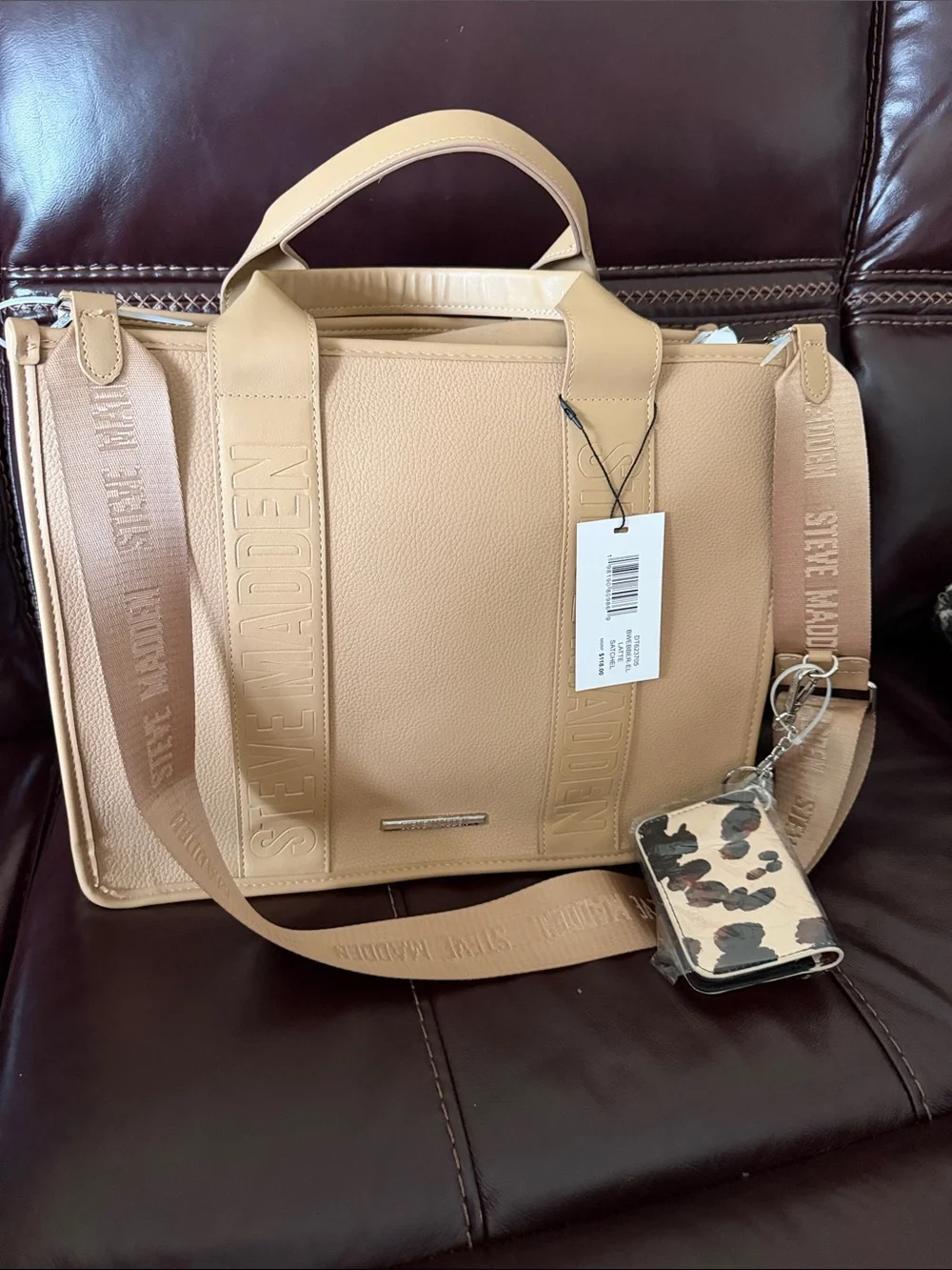 Steve Madden Beige Leather Brief Tote with Branded strap
